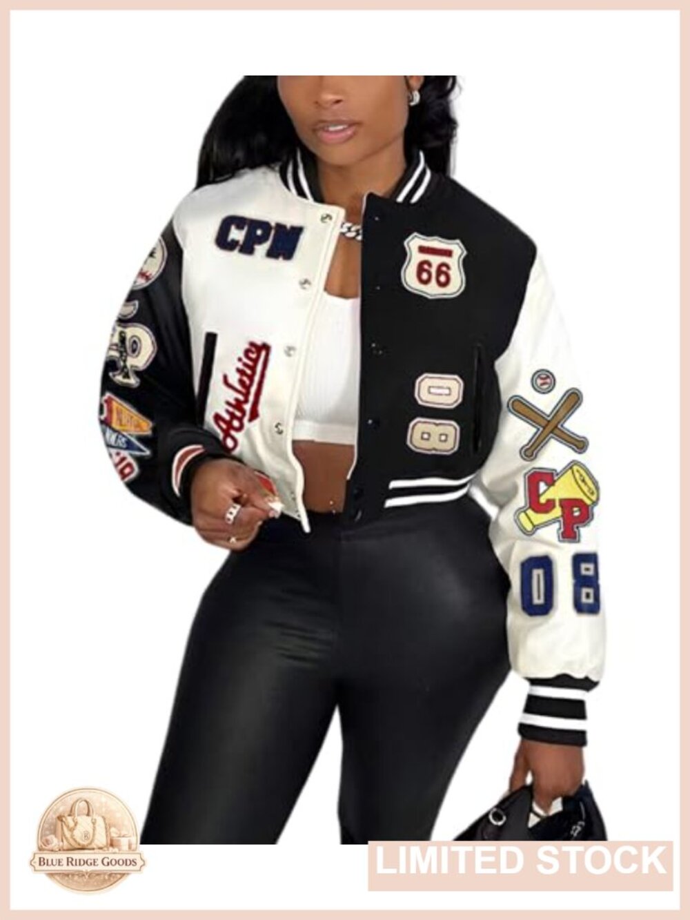 Faux Leather Varsity Jacket with Patches Cropped Bomber